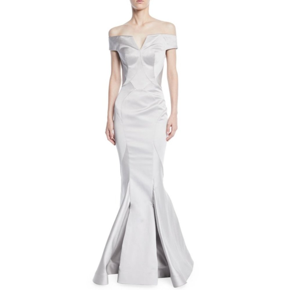 NWT $4K ZAC POSEN OFF THE SHOULDER DOVE GRAY DUCHESS SATIN MERMAID GOWN SIZE 4 - Picture 1 of 5